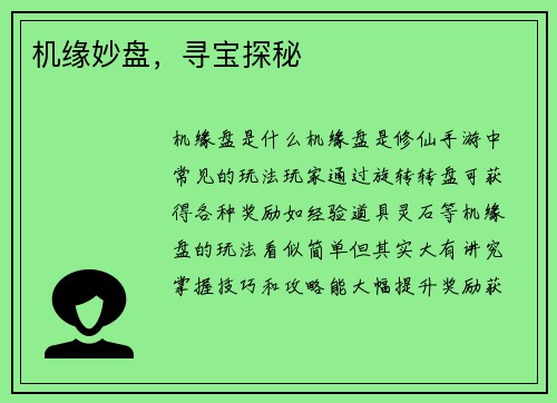 机缘妙盘，寻宝探秘
